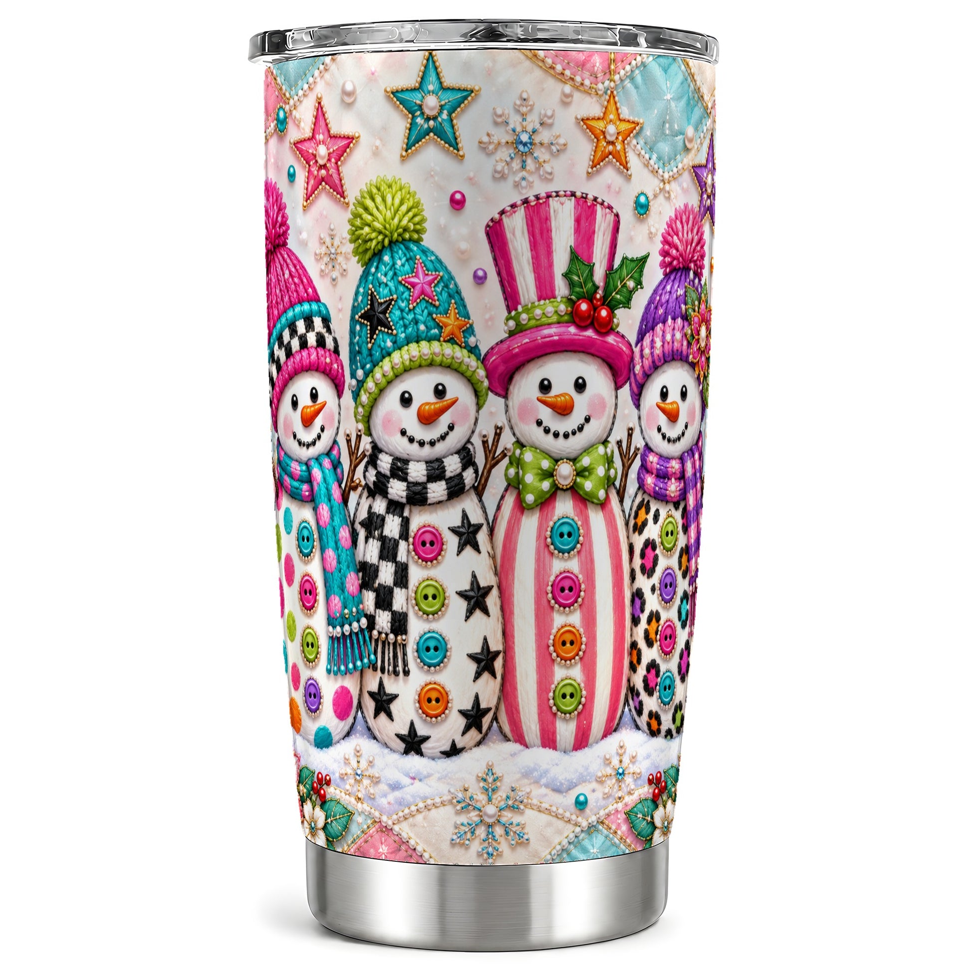 Patchwork Snowman Tumbler 20oz, Christmas Tumbler, Stainless Steel Travel Cup