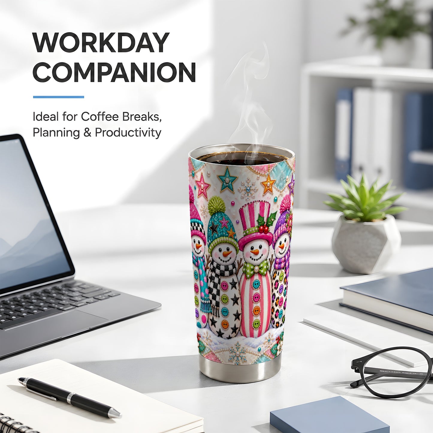 #pl[20oz|Steel] Patchwork Snowman Tumbler 20oz, Christmas Tumbler, Stainless Steel Travel Cup