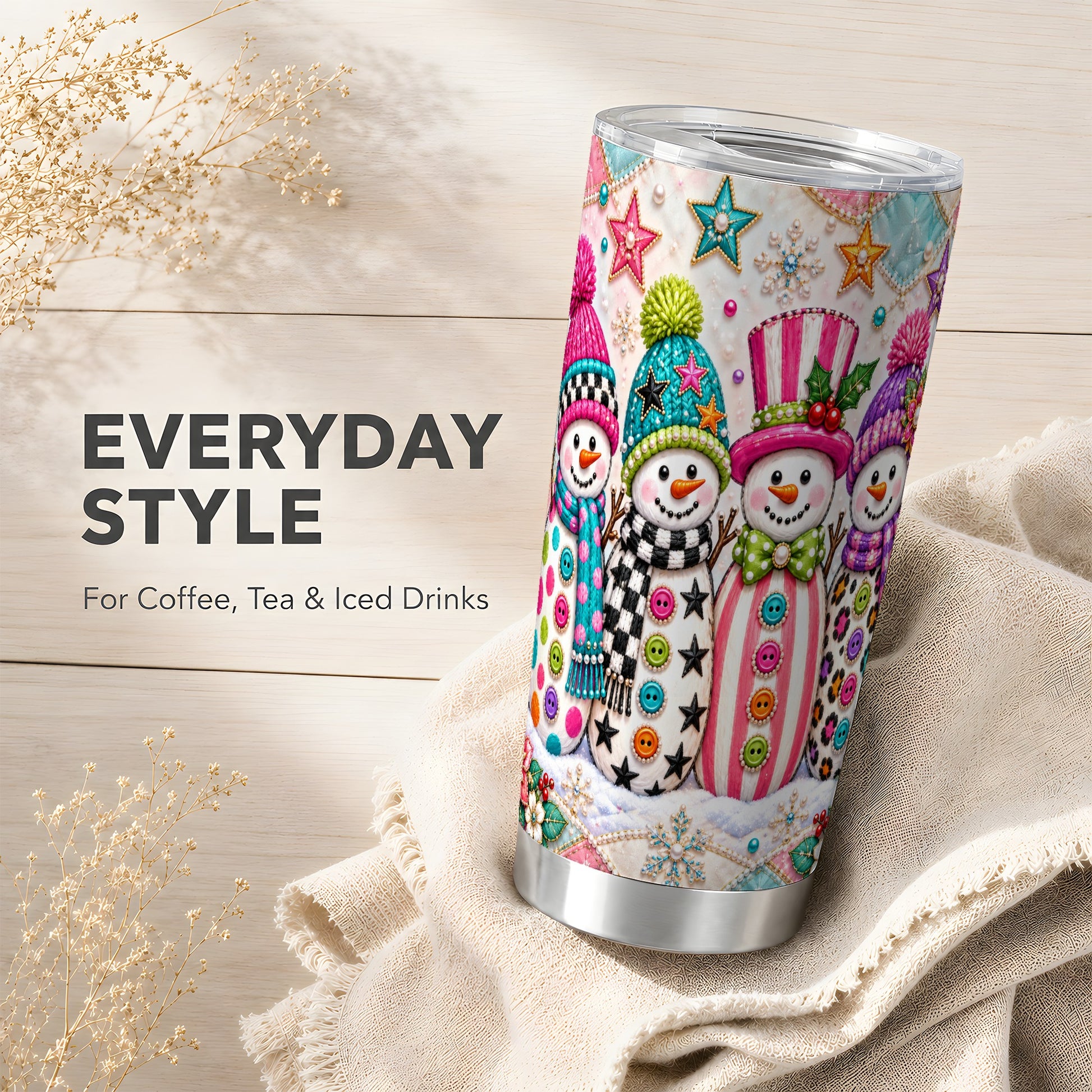 #pl[20oz|Steel] Patchwork Snowman Tumbler 20oz, Christmas Tumbler, Stainless Steel Travel Cup