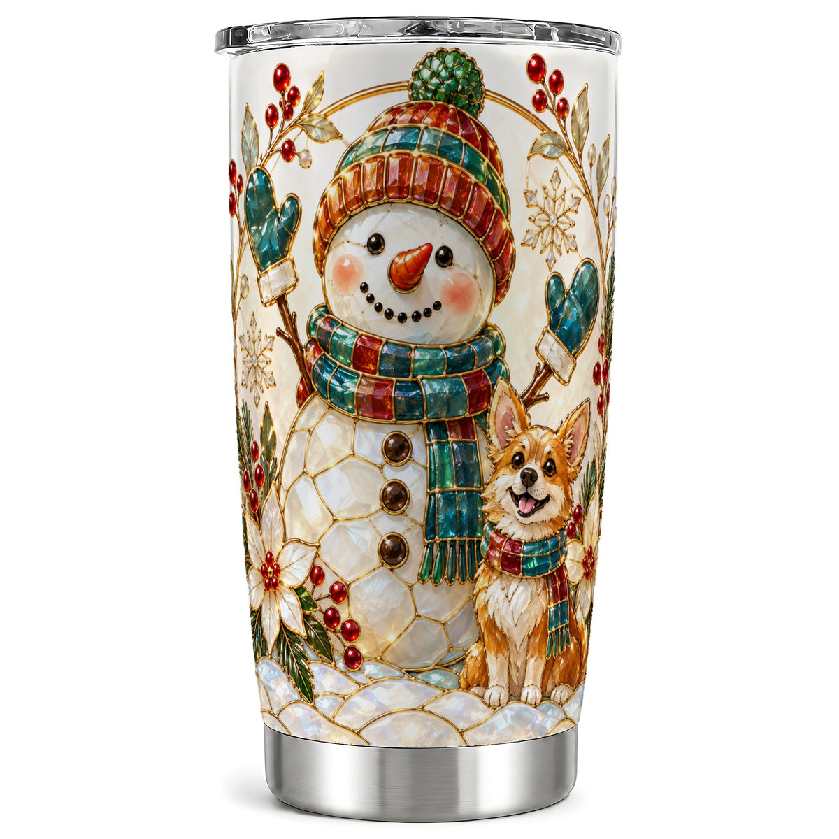 Snowman and Corgi Tumbler 20oz, Winter Tumbler, Stainless Steel Travel Cup