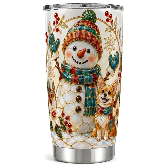 Snowman and Corgi Tumbler 20oz, Winter Tumbler, Stainless Steel Travel Cup