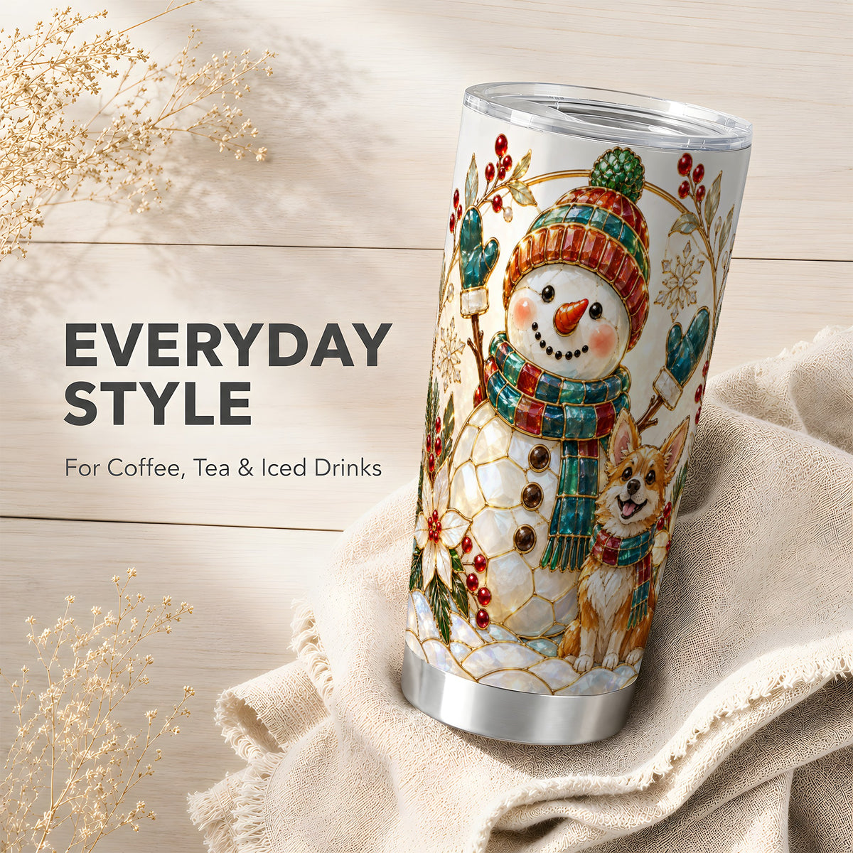 #pl[20oz|Steel] Snowman and Corgi Tumbler 20oz, Winter Tumbler, Stainless Steel Travel Cup