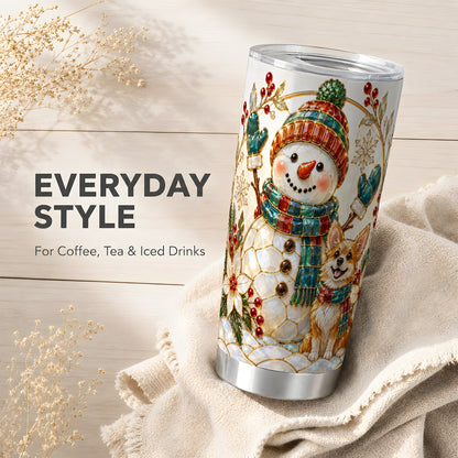 #pl[20oz|Steel] Snowman and Corgi Tumbler 20oz, Winter Tumbler, Stainless Steel Travel Cup