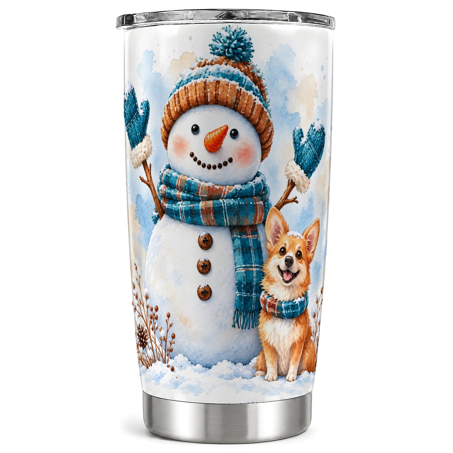 Snowman Corgi Tumbler 20oz, Winter Tumbler, Stainless Steel Travel Cup