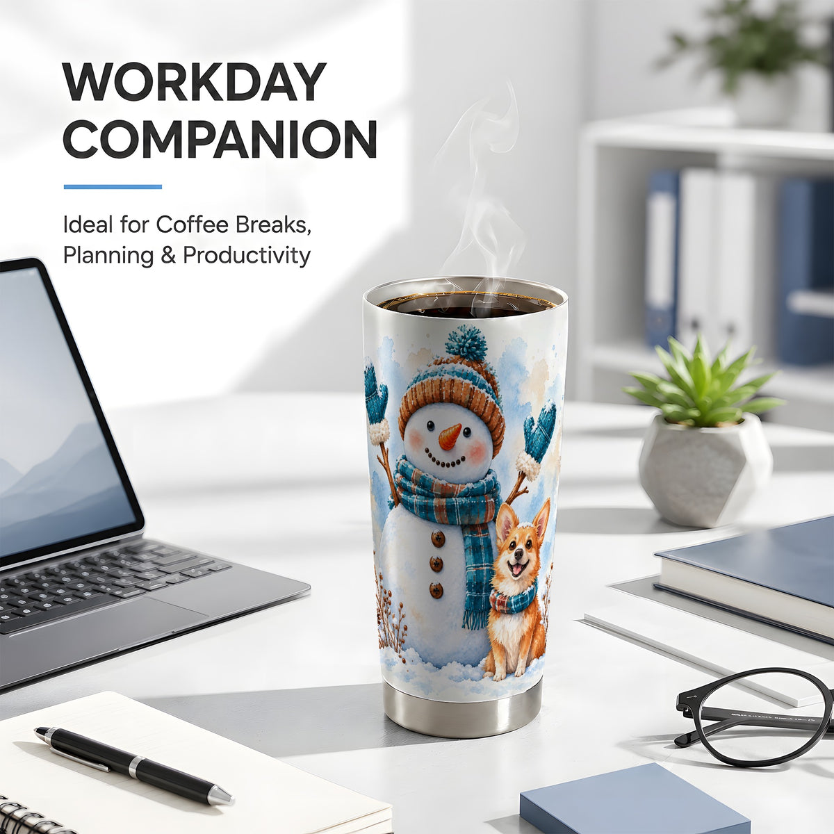 #pl[20oz|Steel] Snowman Corgi Tumbler 20oz, Winter Tumbler, Stainless Steel Travel Cup