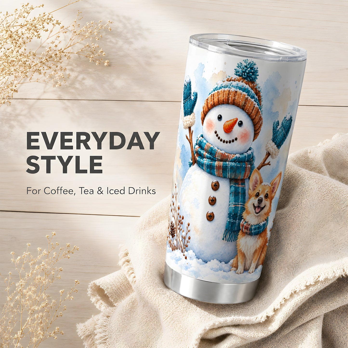 #pl[20oz|Steel] Snowman Corgi Tumbler 20oz, Winter Tumbler, Stainless Steel Travel Cup