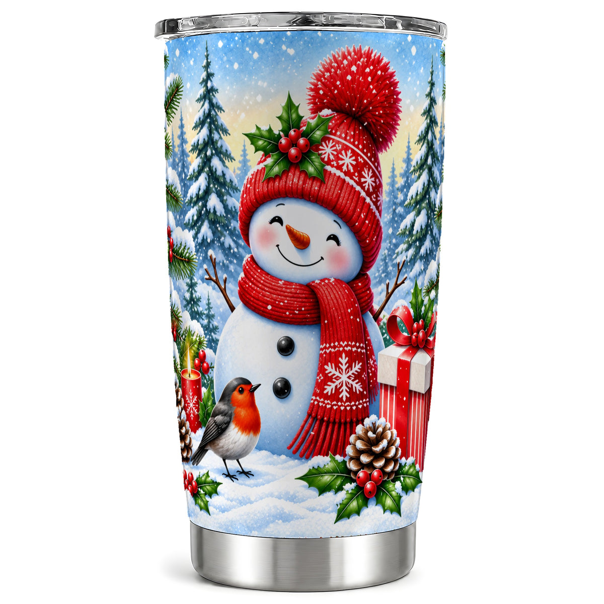 Christmas Snowman Tumbler 20oz, Robin Tumbler, Stainless Steel Travel Cup