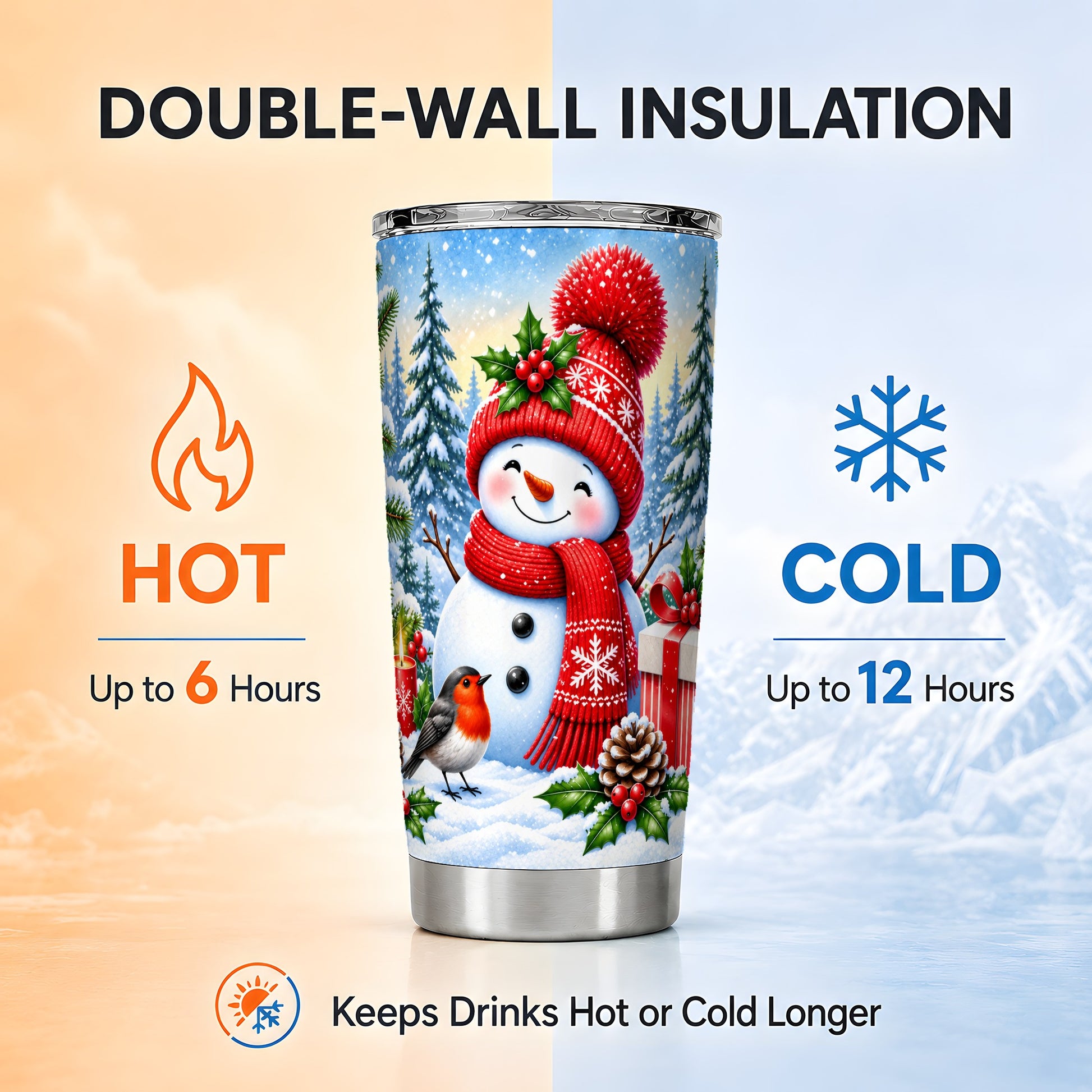 #pl[20oz|Steel] Christmas Snowman Tumbler 20oz, Robin Tumbler, Stainless Steel Travel Cup