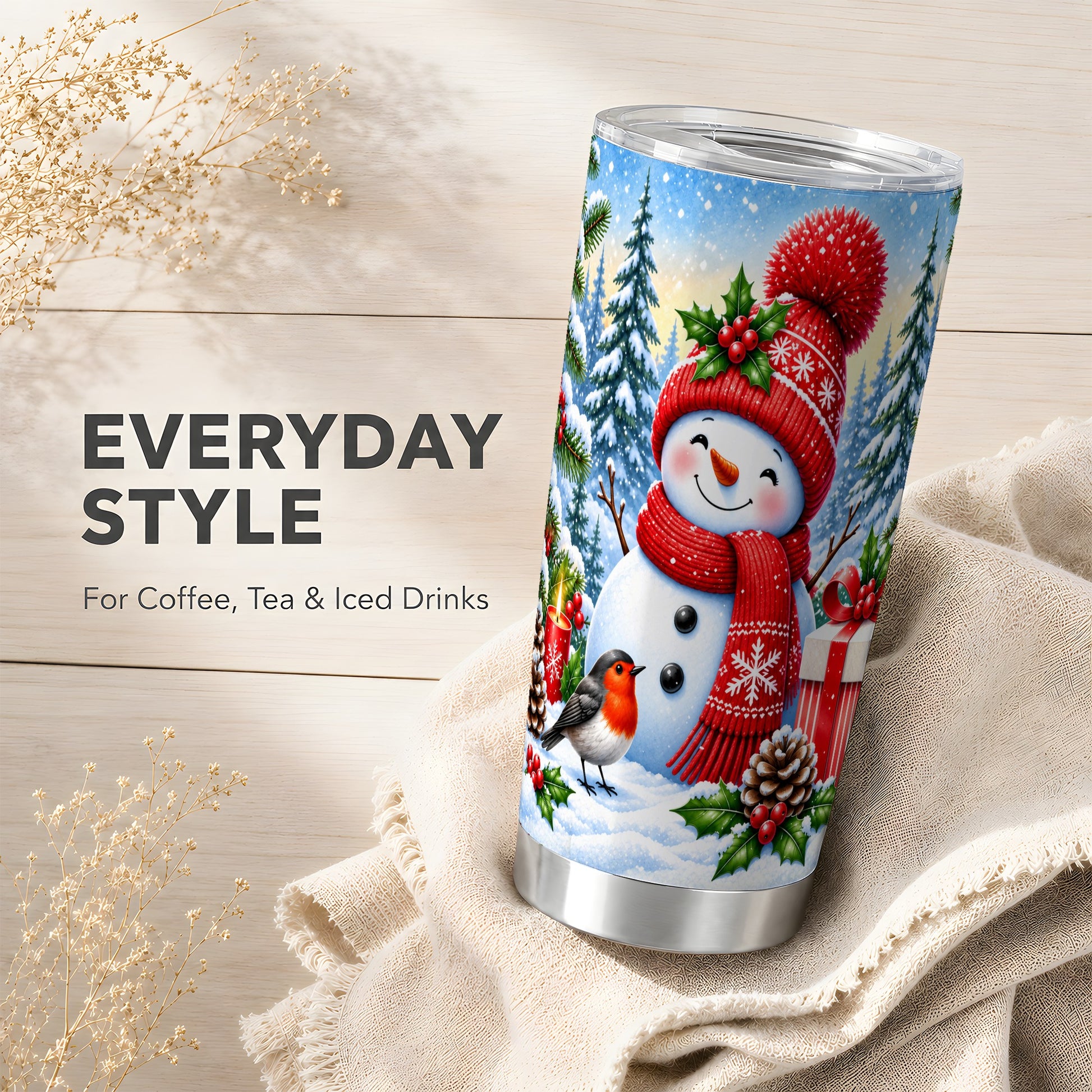 #pl[20oz|Steel] Christmas Snowman Tumbler 20oz, Robin Tumbler, Stainless Steel Travel Cup