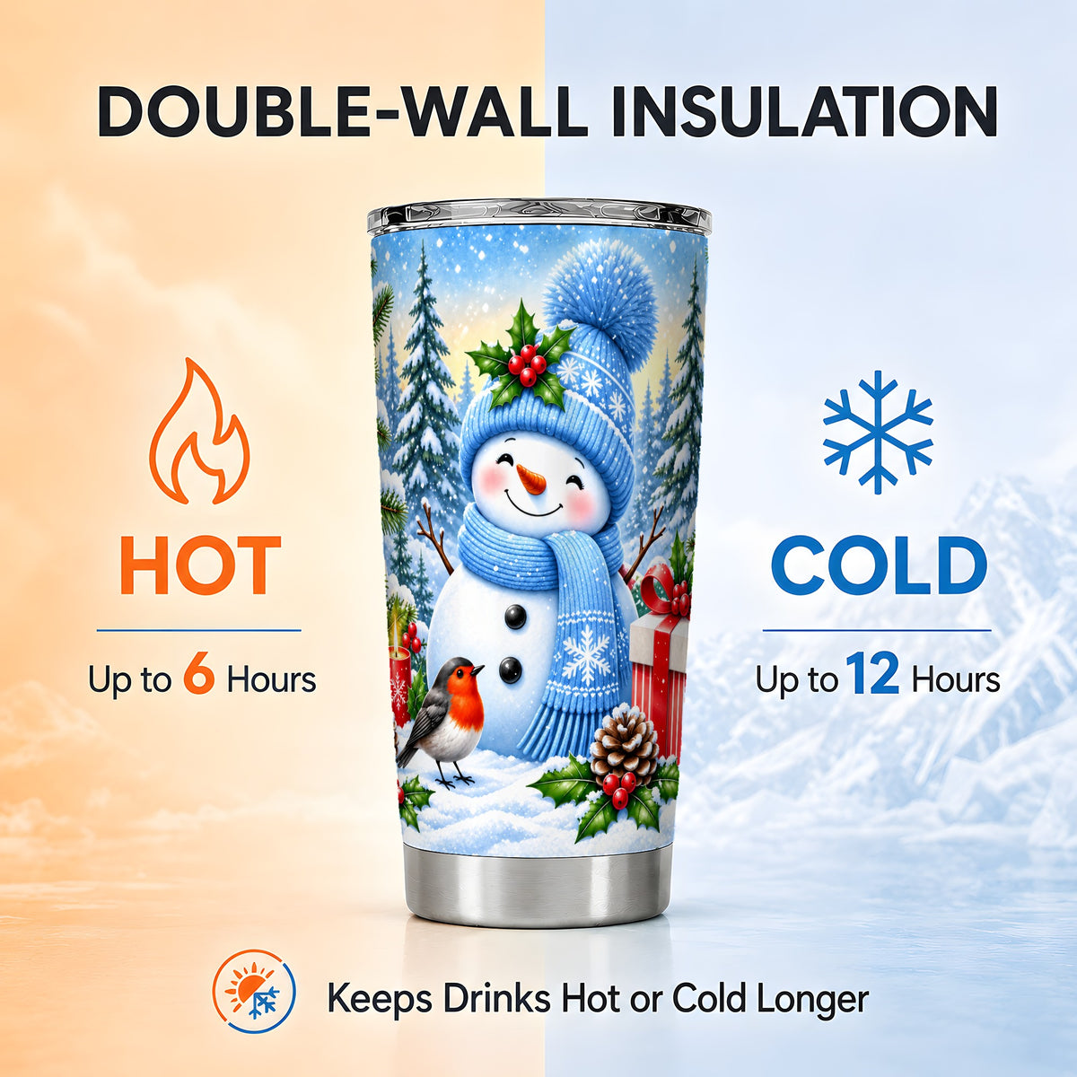 #pl[20oz|Steel] Winter Snowman Tumbler 20oz, Robin Tumbler, Stainless Steel Travel Cup