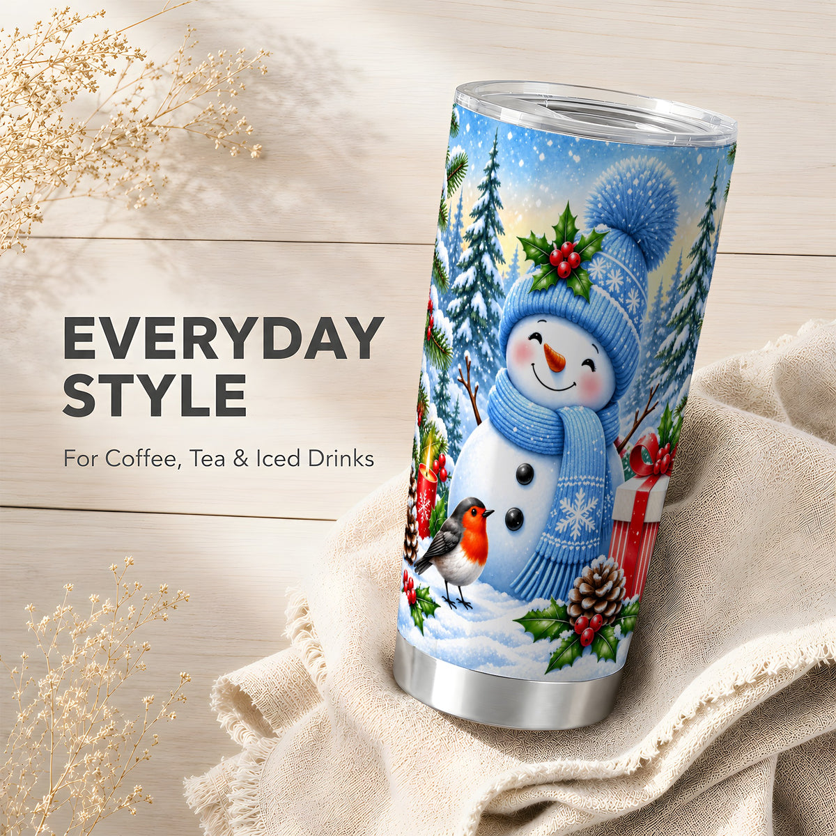 #pl[20oz|Steel] Winter Snowman Tumbler 20oz, Robin Tumbler, Stainless Steel Travel Cup