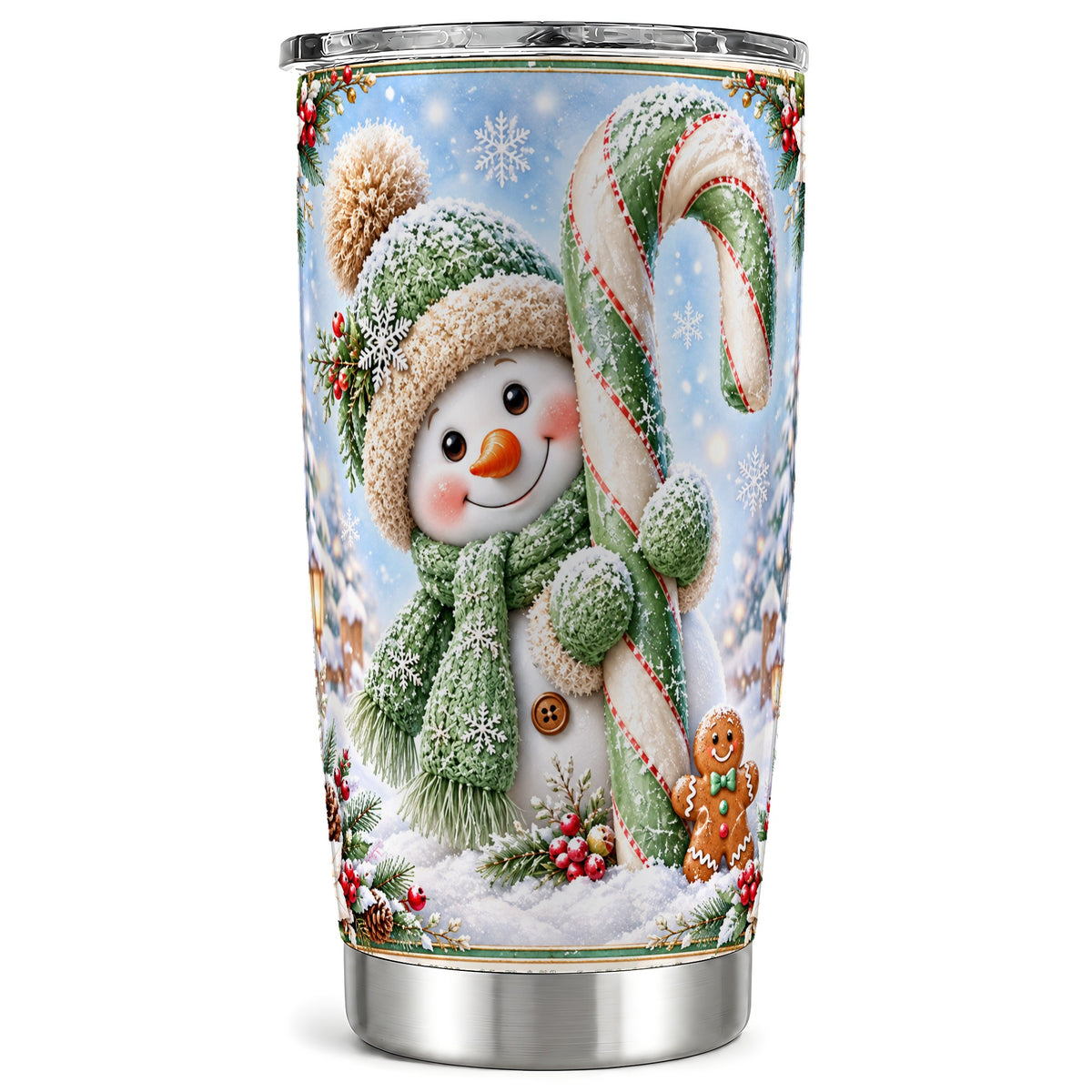 Snowman Tumbler 20oz, Candy Cane Tumbler, Stainless Steel Travel Cup