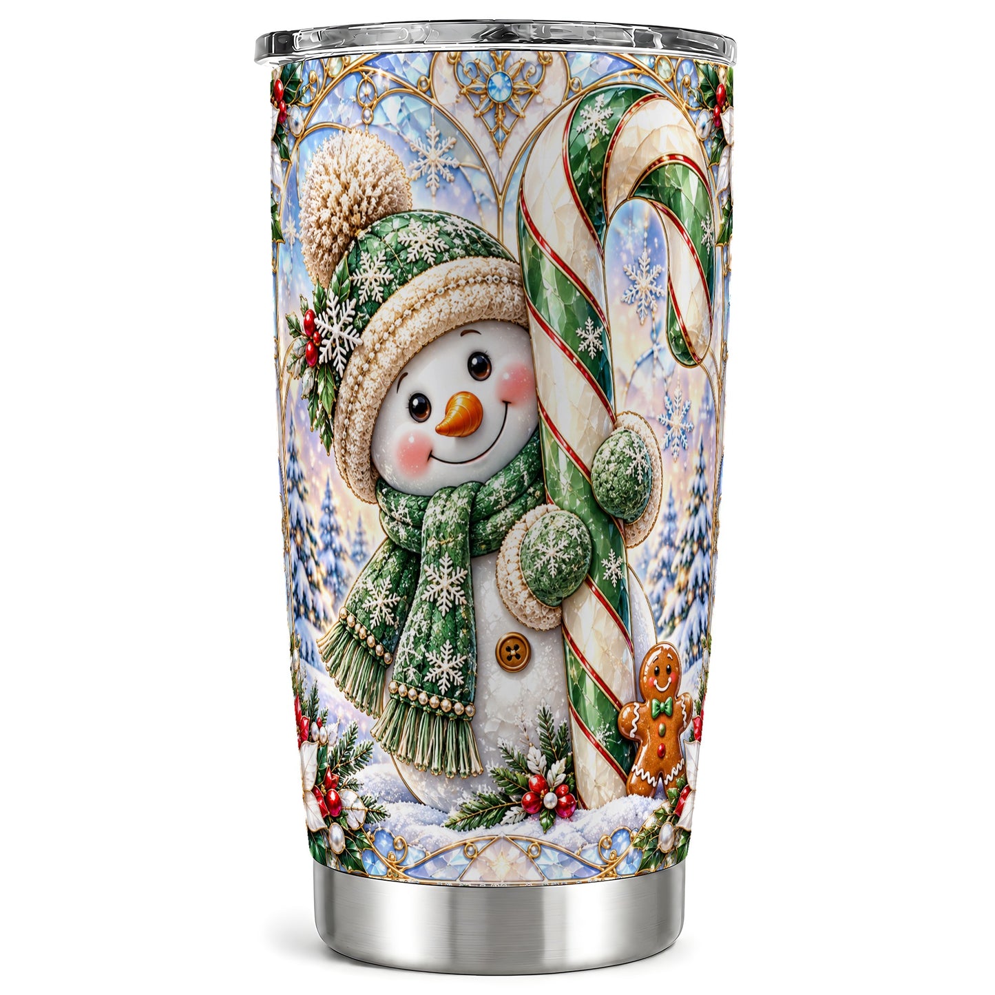 Snowman Tumbler 20oz, Candy Cane Tumbler, Stainless Steel Travel Cup