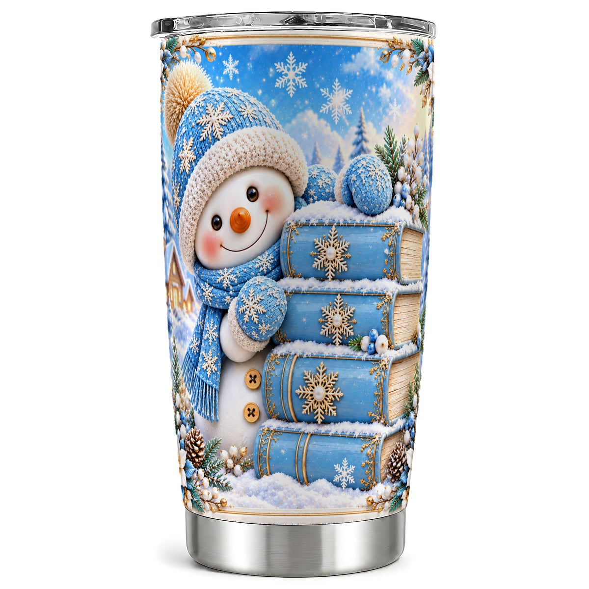 Snowman Books Tumbler 20oz, Winter Tumbler, Stainless Steel Travel Cup
