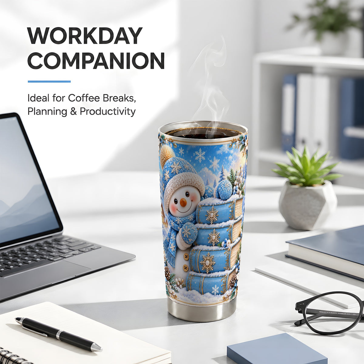 #pl[20oz|Steel] Snowman Books Tumbler 20oz, Winter Tumbler, Stainless Steel Travel Cup