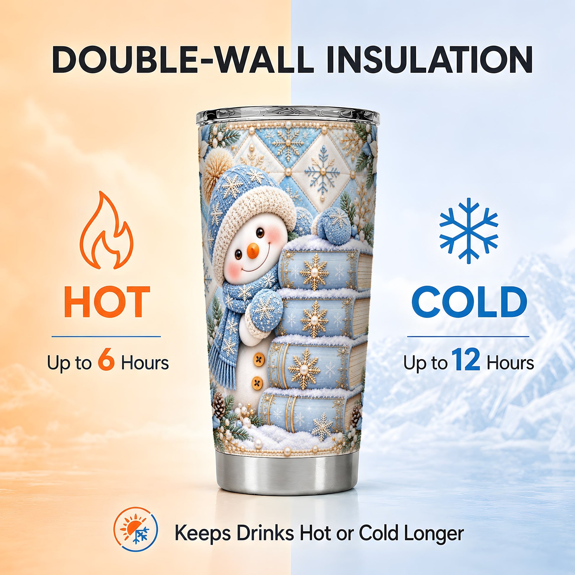 #pl[20oz|Steel] Snowman Books Tumbler 20oz, Winter Tumbler, Stainless Steel Travel Cup