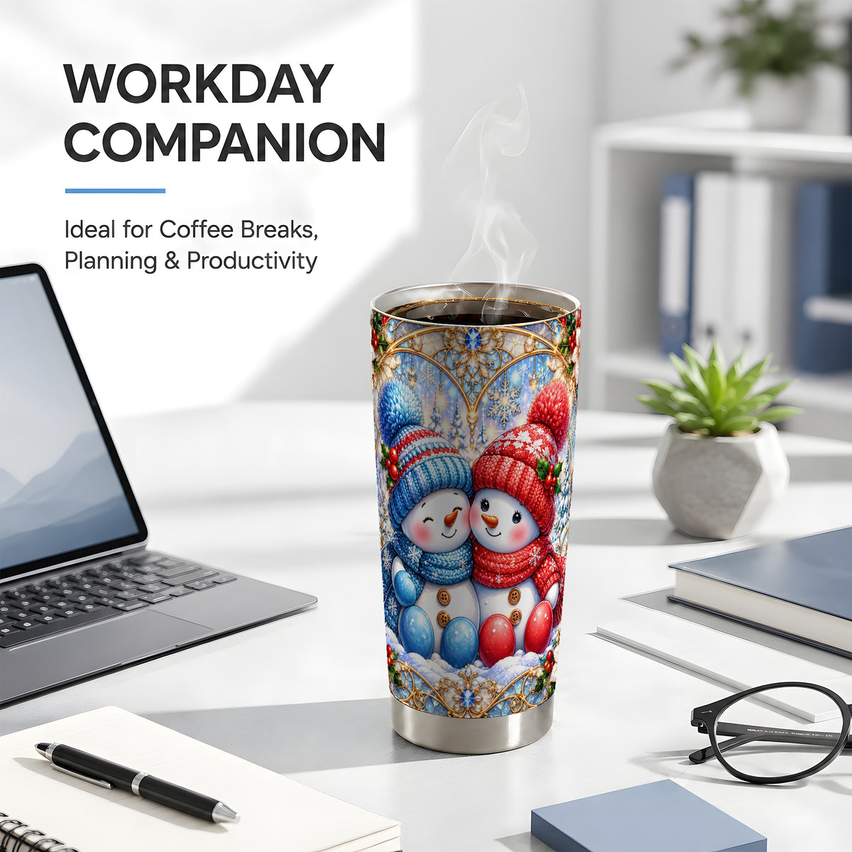 #pl[20oz|Steel] Snowman Couple Tumbler 20oz, Christmas Tumbler, Stainless Steel Travel Cup