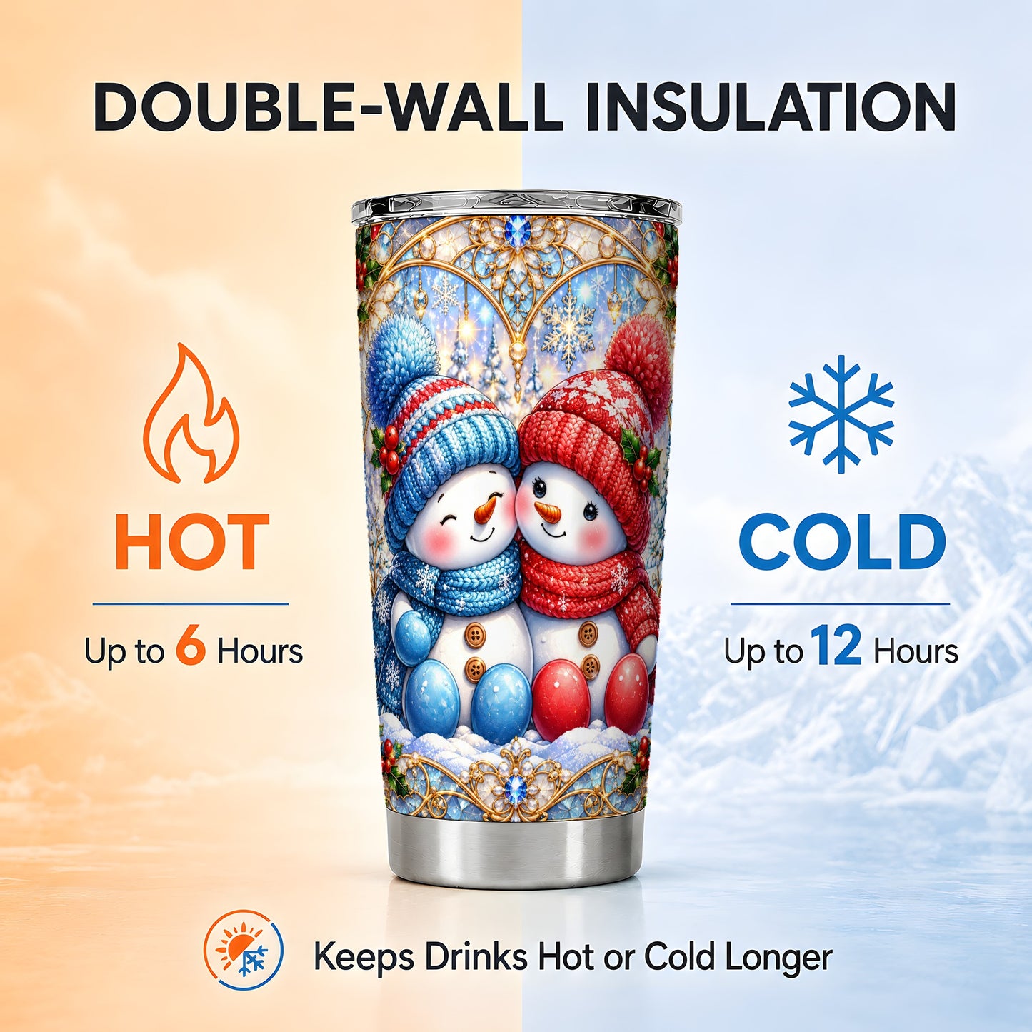 #pl[20oz|Steel] Snowman Couple Tumbler 20oz, Christmas Tumbler, Stainless Steel Travel Cup