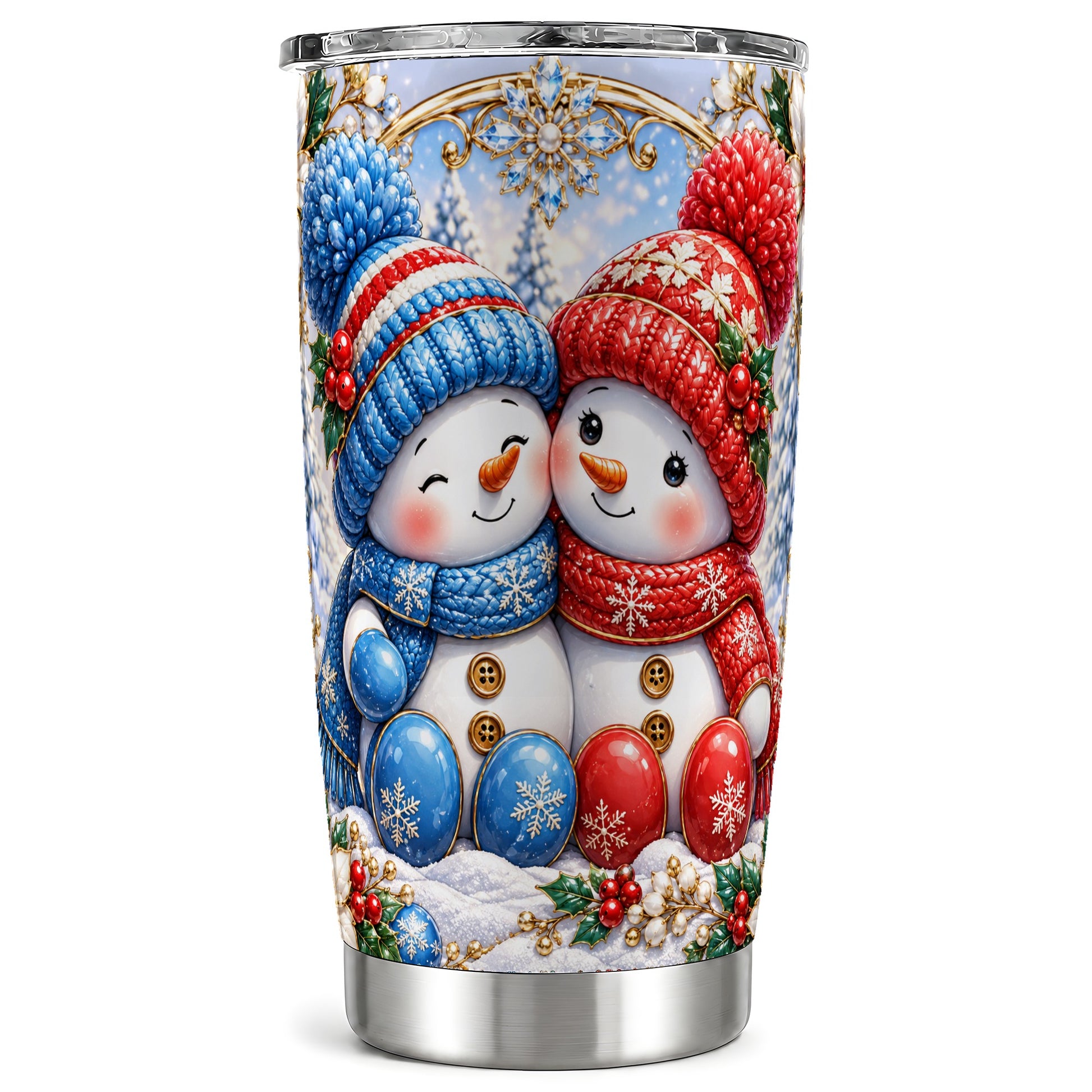 Snowman Couple Tumbler 20oz, Christmas Tumbler, Stainless Steel Travel Cup