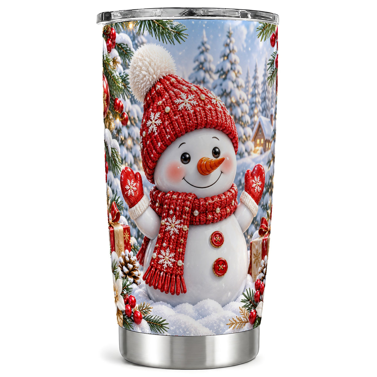 Red Snowman Tumbler 20oz, Christmas Tumbler, Stainless Steel Travel Cup