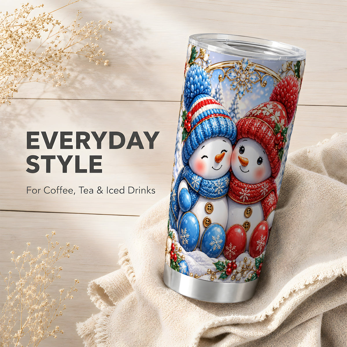 #pl[20oz|Steel] Snowman Couple Tumbler 20oz, Christmas Tumbler, Stainless Steel Travel Cup