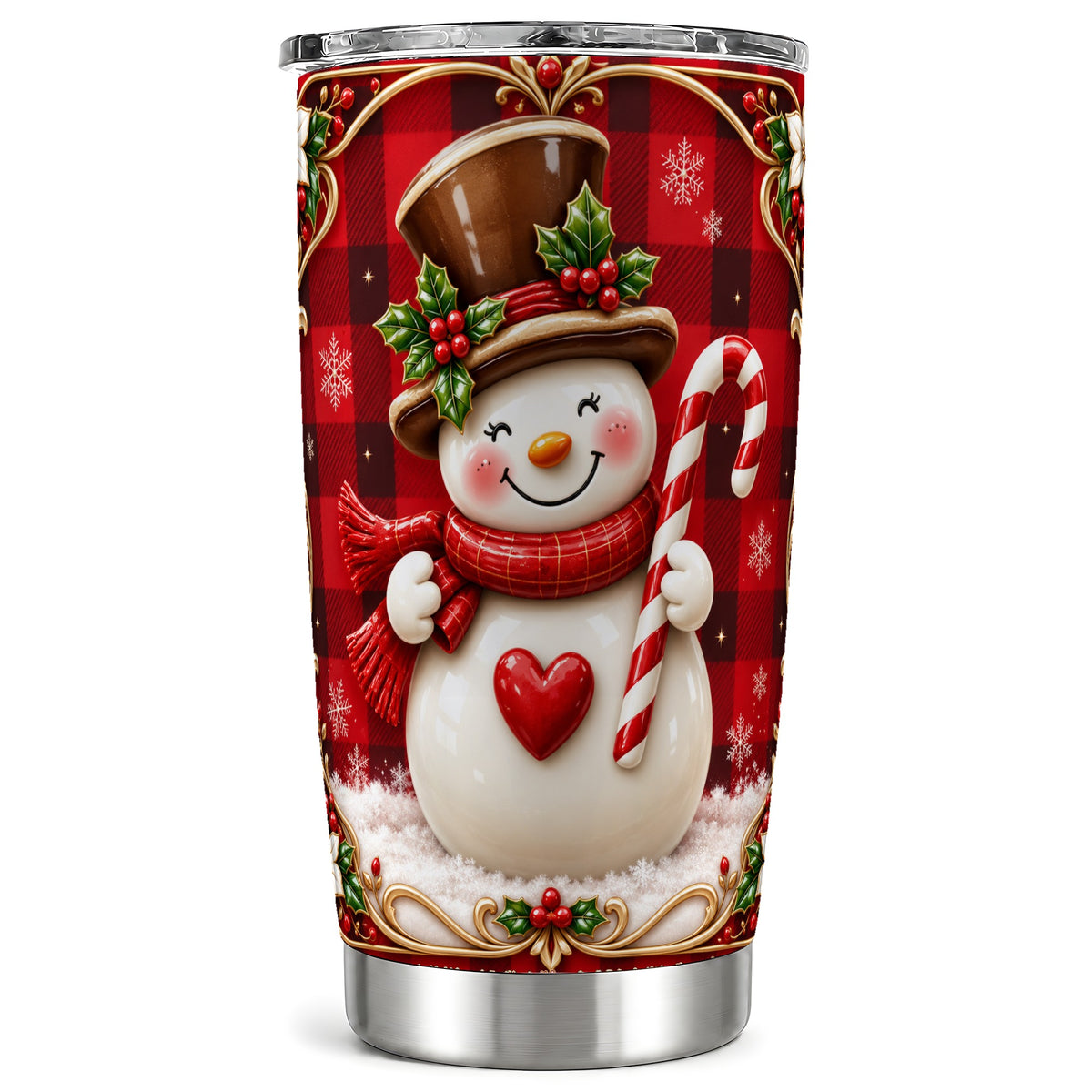 Plaid Snowman Tumbler 20oz, Christmas Tumbler, Stainless Steel Travel Cup