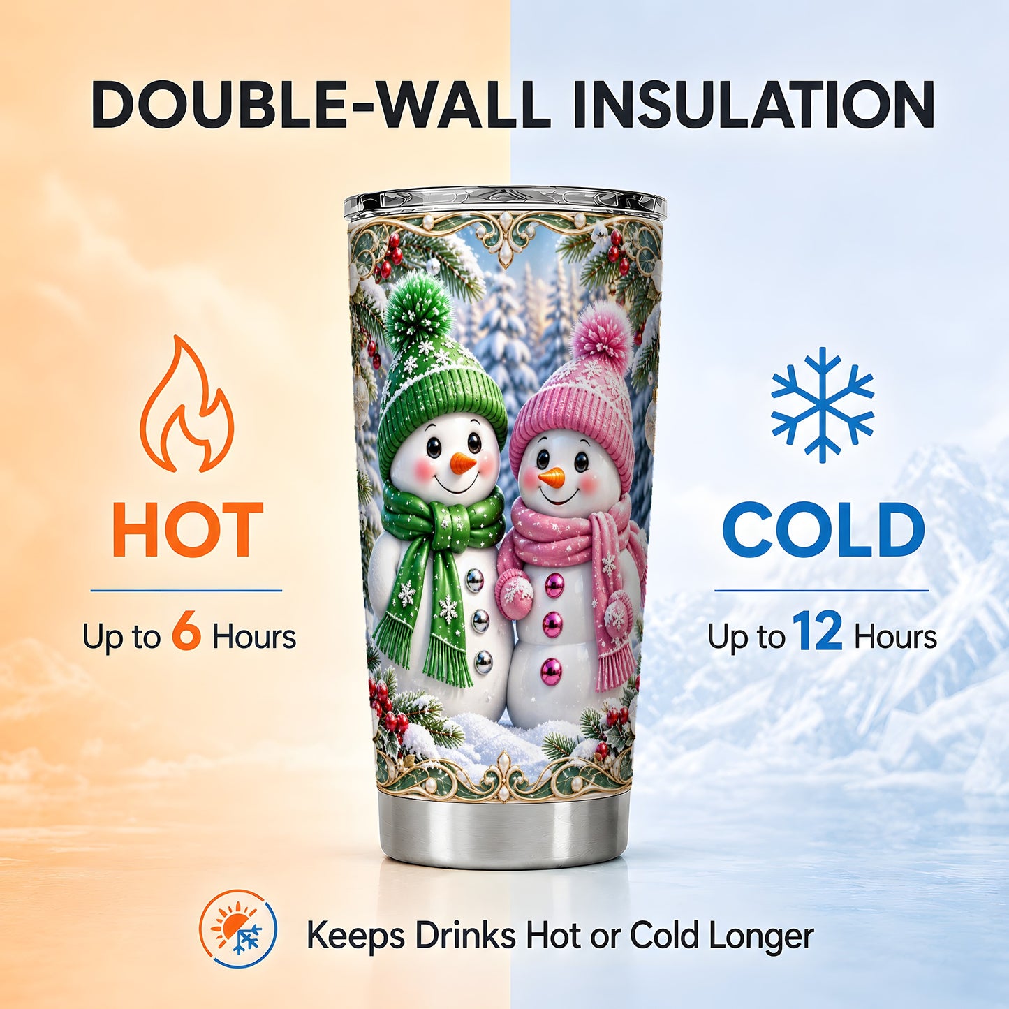 #pl[20oz|Steel] Snowman Couple Tumbler 20oz, Christmas Tumbler, Stainless Steel Travel Cup