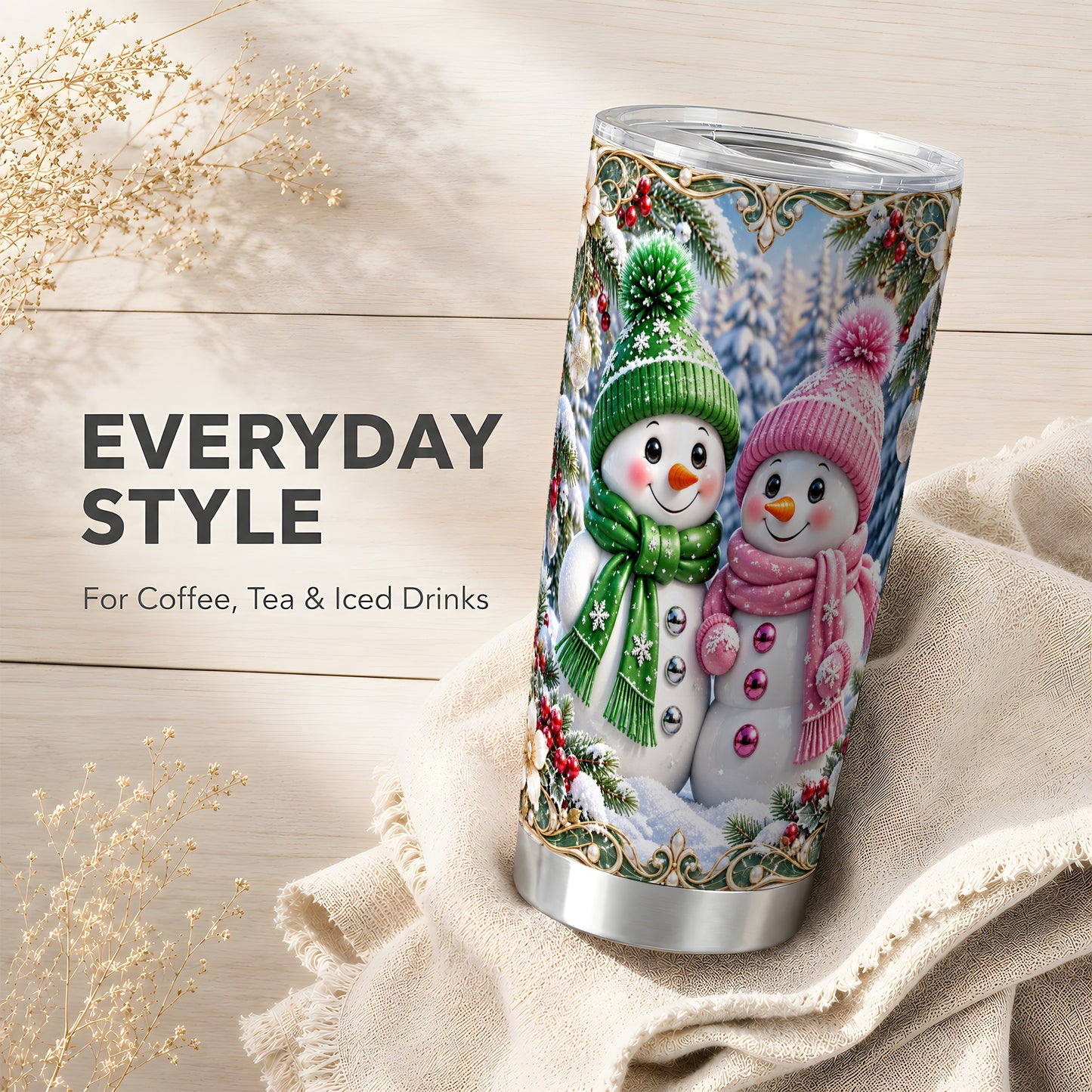 #pl[20oz|Steel] Snowman Couple Tumbler 20oz, Christmas Tumbler, Stainless Steel Travel Cup