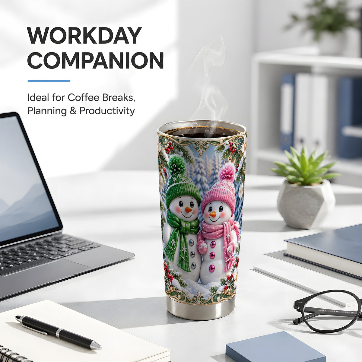 #pl[20oz|Steel] Snowman Couple Tumbler 20oz, Christmas Tumbler, Stainless Steel Travel Cup