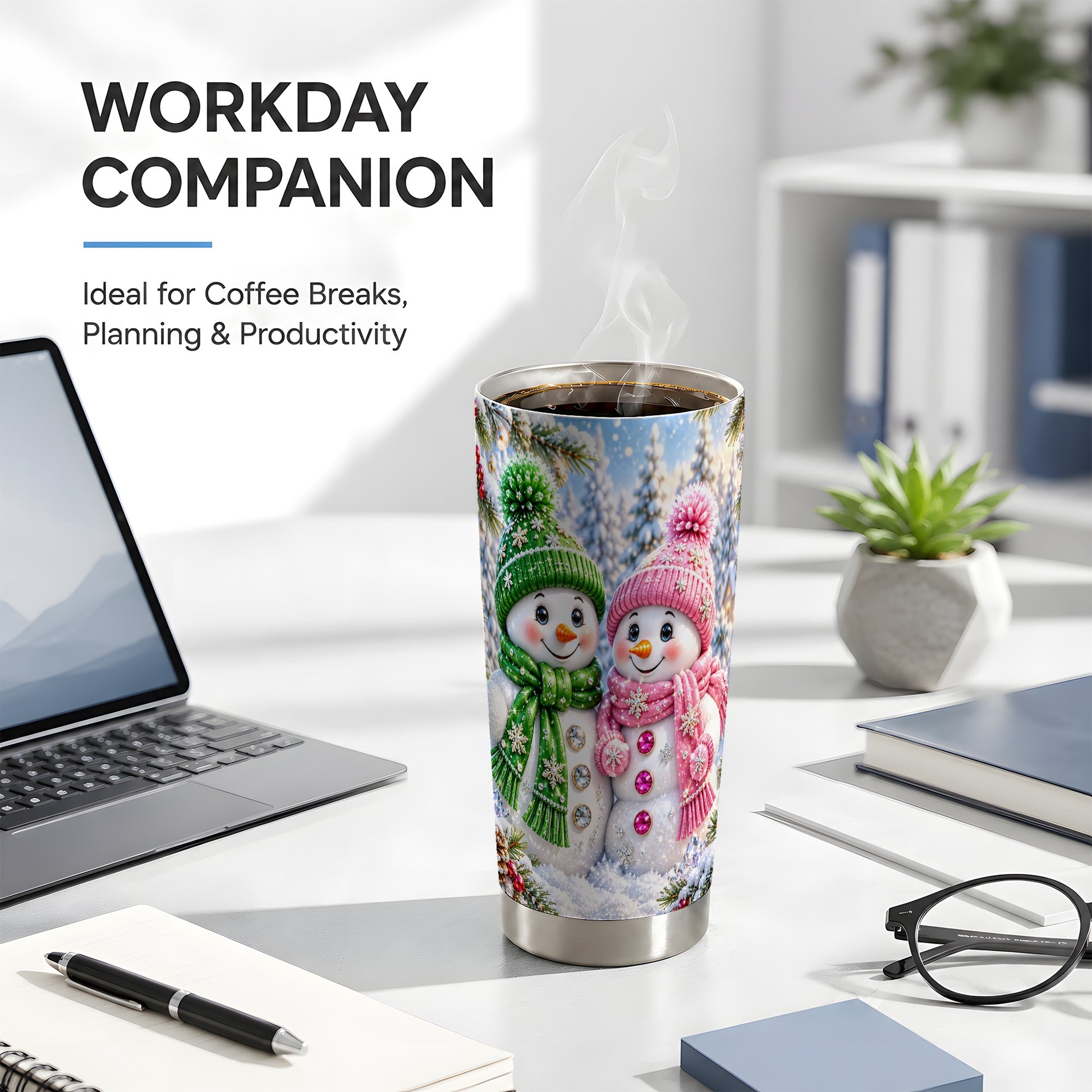 #pl[20oz|Steel] Snowman Couple Tumbler 20oz, Winter Tumbler, Stainless Steel Travel Cup
