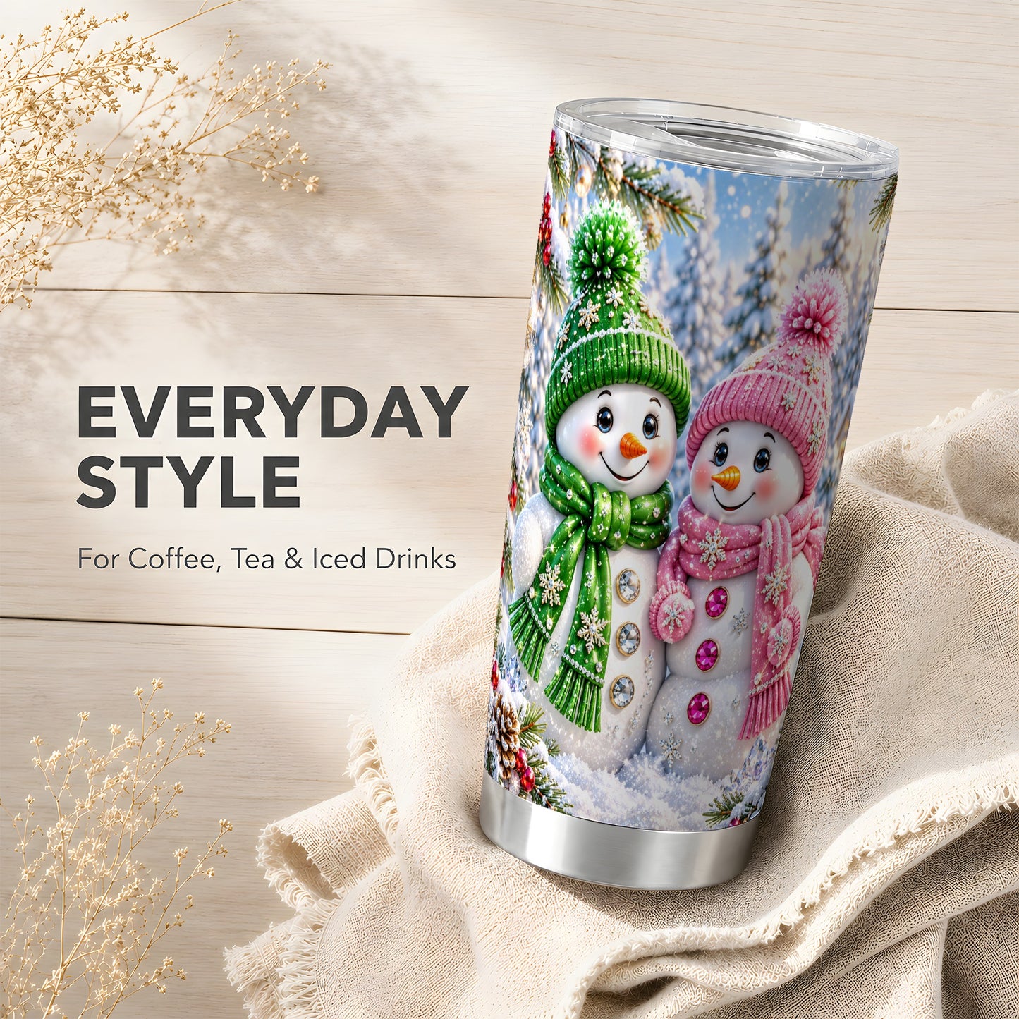 #pl[20oz|Steel] Snowman Couple Tumbler 20oz, Winter Tumbler, Stainless Steel Travel Cup