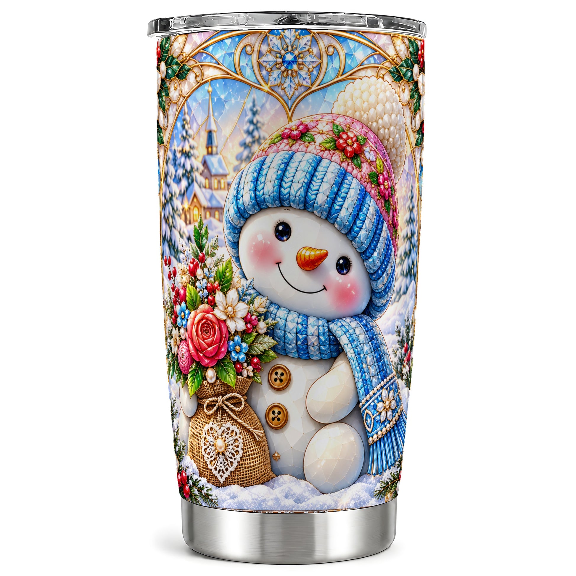 Floral Snowman Tumbler 20oz, Winter Tumbler, Stainless Steel Travel Cup