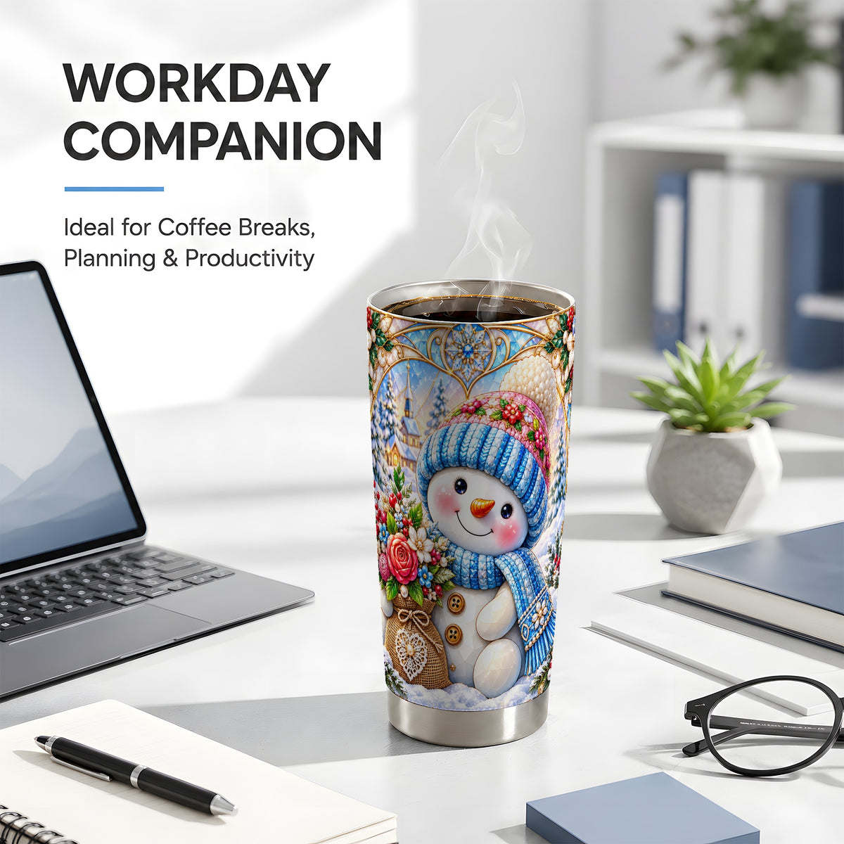 #pl[20oz|Steel] Floral Snowman Tumbler 20oz, Winter Tumbler, Stainless Steel Travel Cup