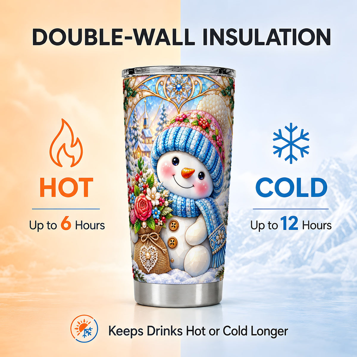 #pl[20oz|Steel] Floral Snowman Tumbler 20oz, Winter Tumbler, Stainless Steel Travel Cup