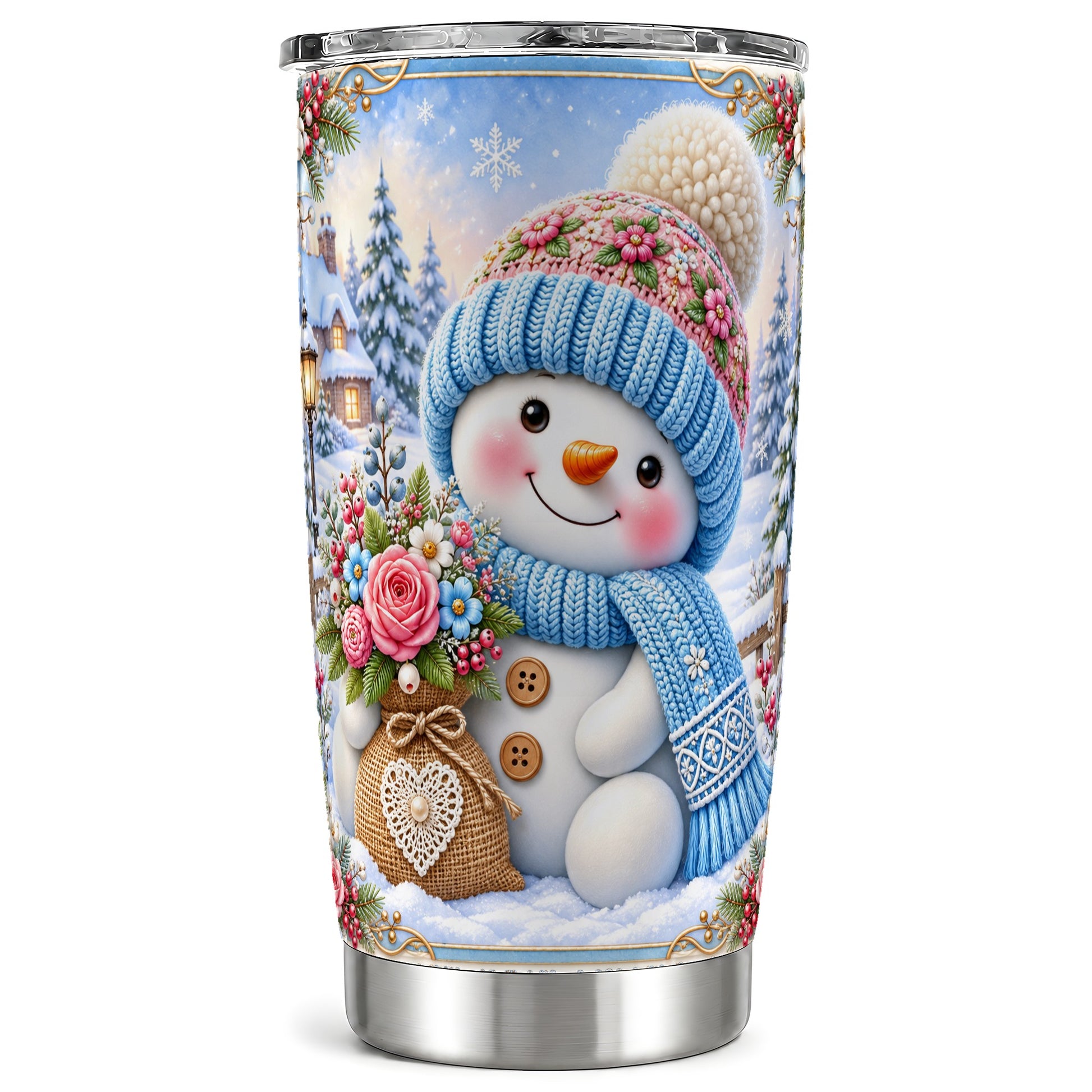 Snowman Bouquet Tumbler 20oz, Winter Tumbler, Stainless Steel Travel Cup