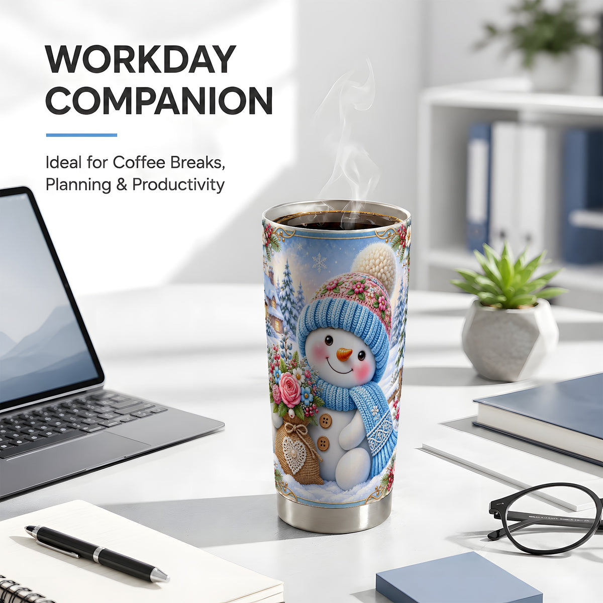 #pl[20oz|Steel] Snowman Bouquet Tumbler 20oz, Winter Tumbler, Stainless Steel Travel Cup