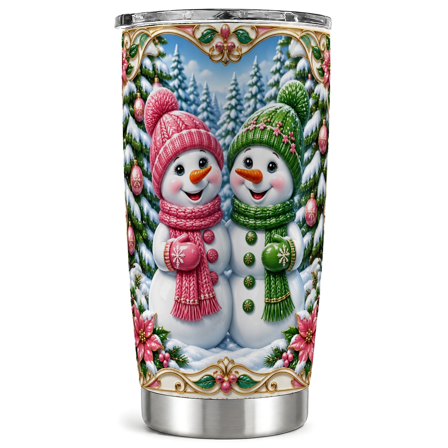 Snowman Couple Tumbler 20oz, Holiday Tumbler, Stainless Steel Travel Cup