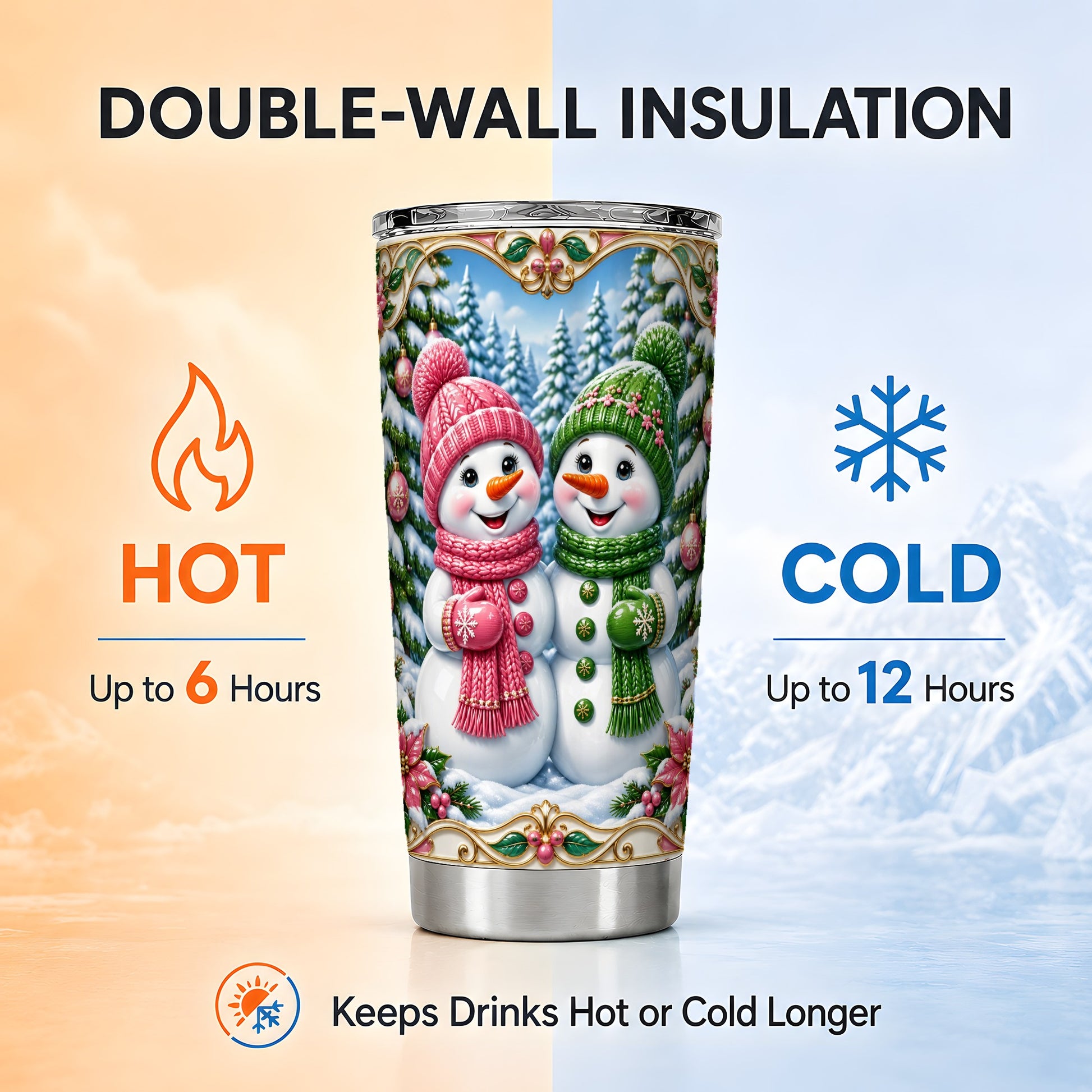 #pl[20oz|Steel] Snowman Couple Tumbler 20oz, Holiday Tumbler, Stainless Steel Travel Cup