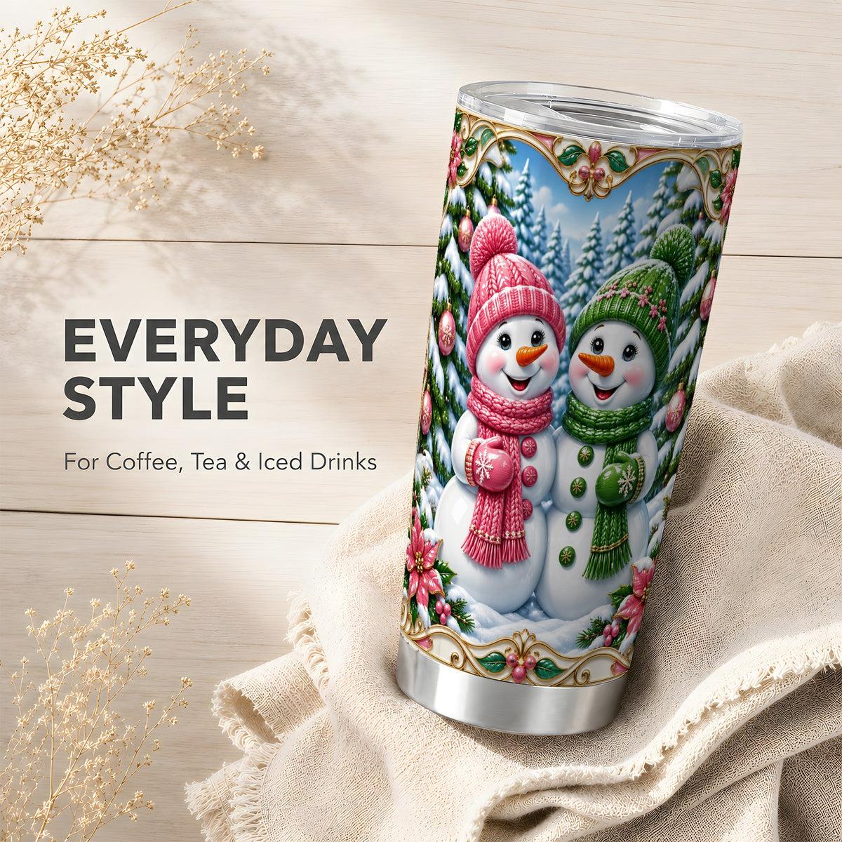 #pl[20oz|Steel] Snowman Couple Tumbler 20oz, Holiday Tumbler, Stainless Steel Travel Cup