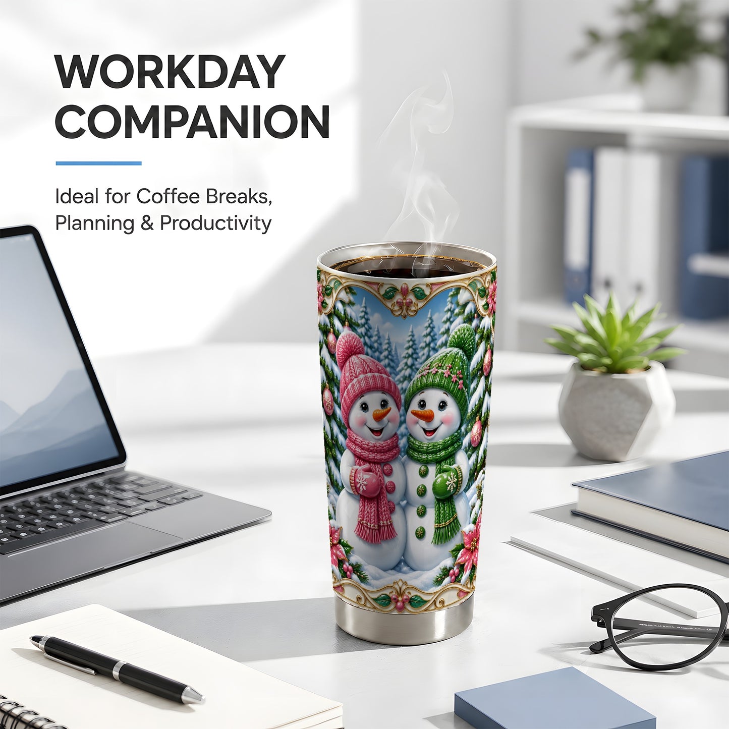 #pl[20oz|Steel] Snowman Couple Tumbler 20oz, Holiday Tumbler, Stainless Steel Travel Cup