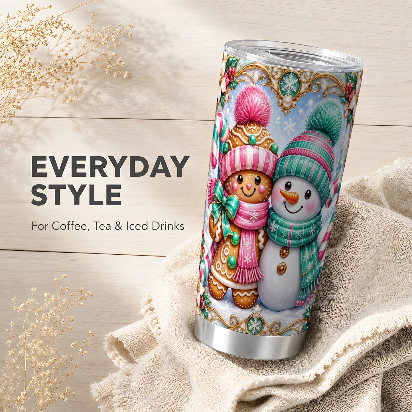 #pl[20oz|Steel] Gingerbread Snowman Tumbler 20oz, Candy Tumbler, Stainless Steel Travel Cup