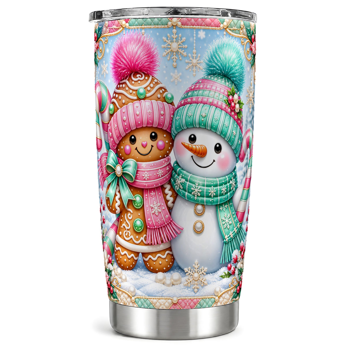 Gingerbread Tumbler 20oz, Snowman Tumbler, Stainless Steel Travel Cup