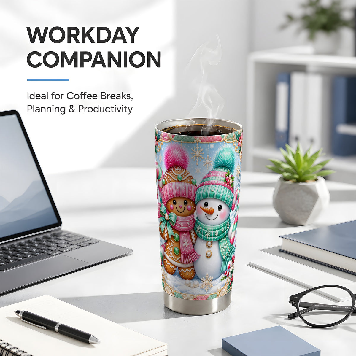 #pl[20oz|Steel] Gingerbread Tumbler 20oz, Snowman Tumbler, Stainless Steel Travel Cup