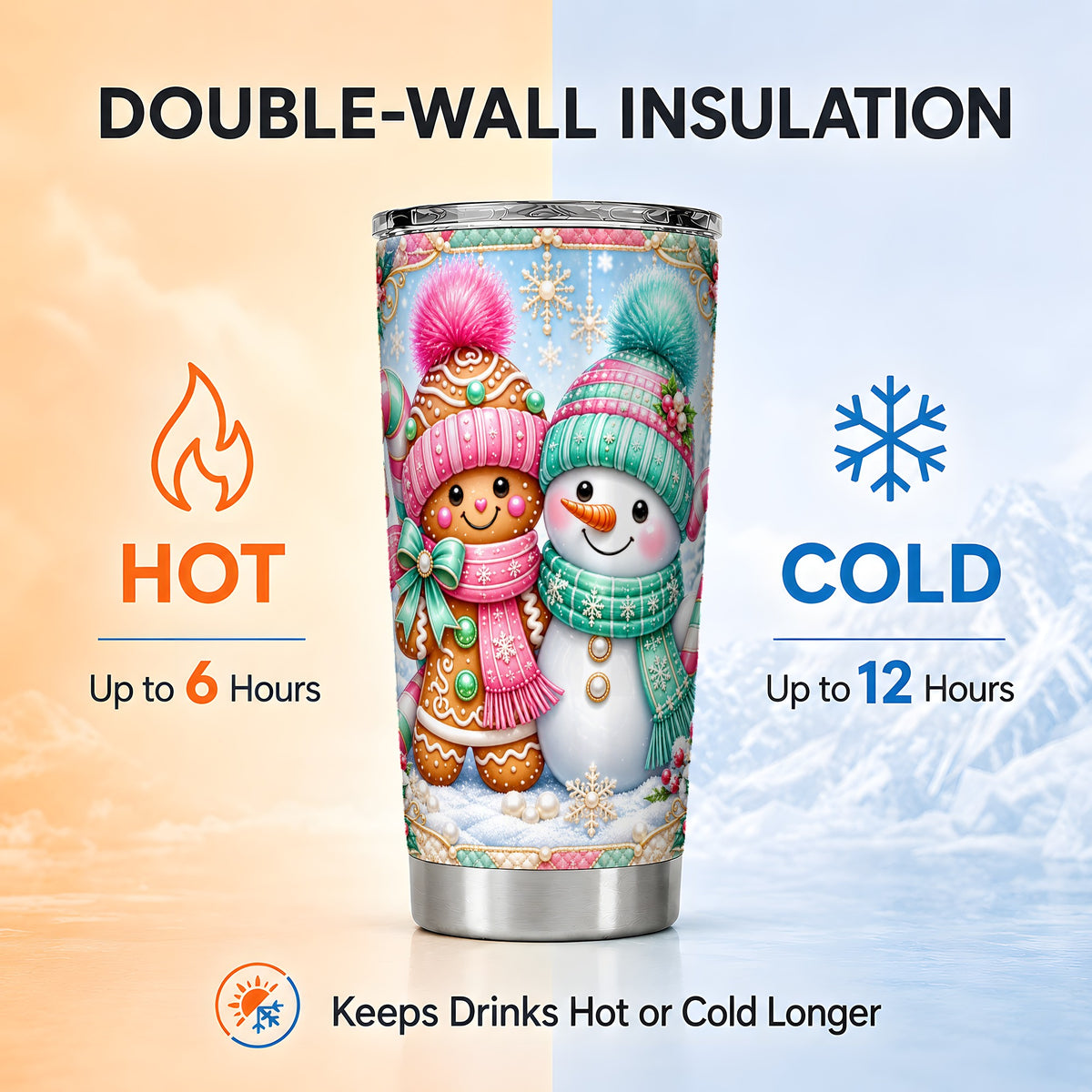 #pl[20oz|Steel] Gingerbread Tumbler 20oz, Snowman Tumbler, Stainless Steel Travel Cup