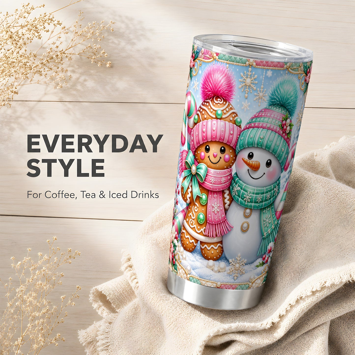 #pl[20oz|Steel] Gingerbread Tumbler 20oz, Snowman Tumbler, Stainless Steel Travel Cup