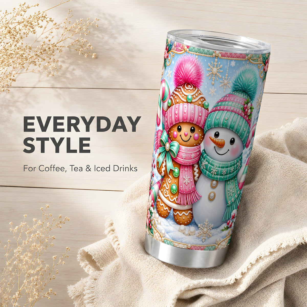 #pl[20oz|Steel] Gingerbread Tumbler 20oz, Snowman Tumbler, Stainless Steel Travel Cup