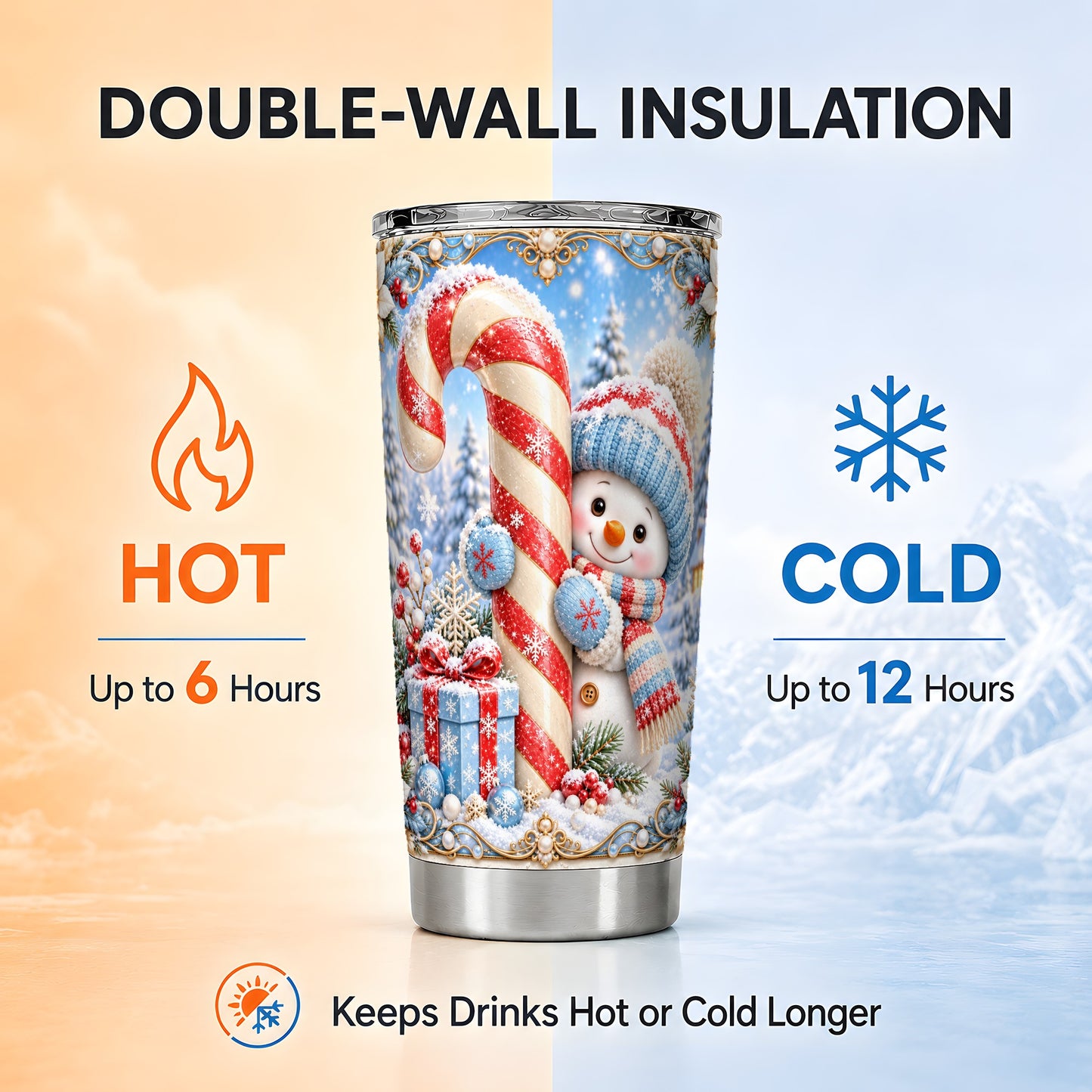 #pl[20oz|Steel] Candy Cane Tumbler 20oz, Snowman Tumbler, Stainless Steel Travel Cup