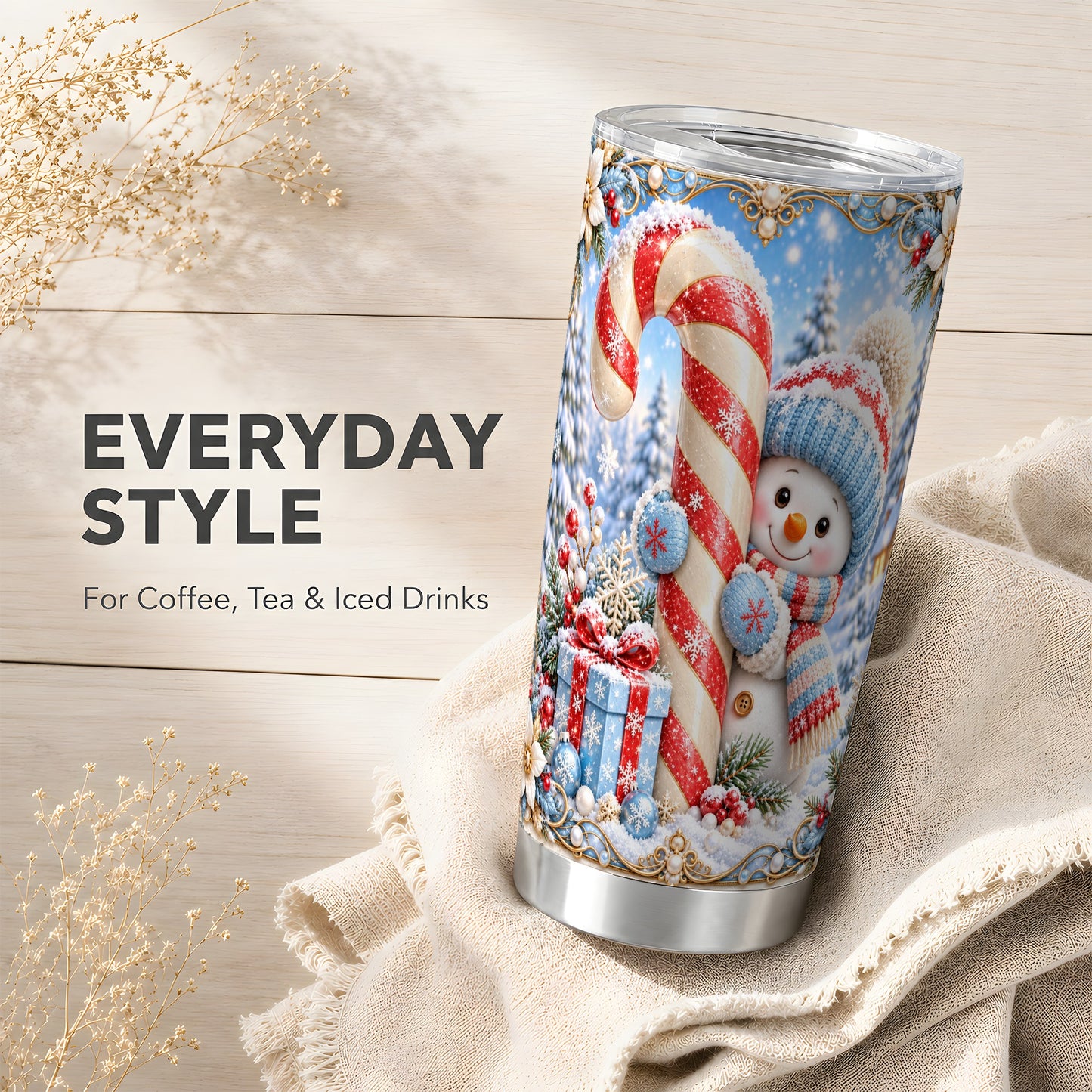 #pl[20oz|Steel] Candy Cane Tumbler 20oz, Snowman Tumbler, Stainless Steel Travel Cup