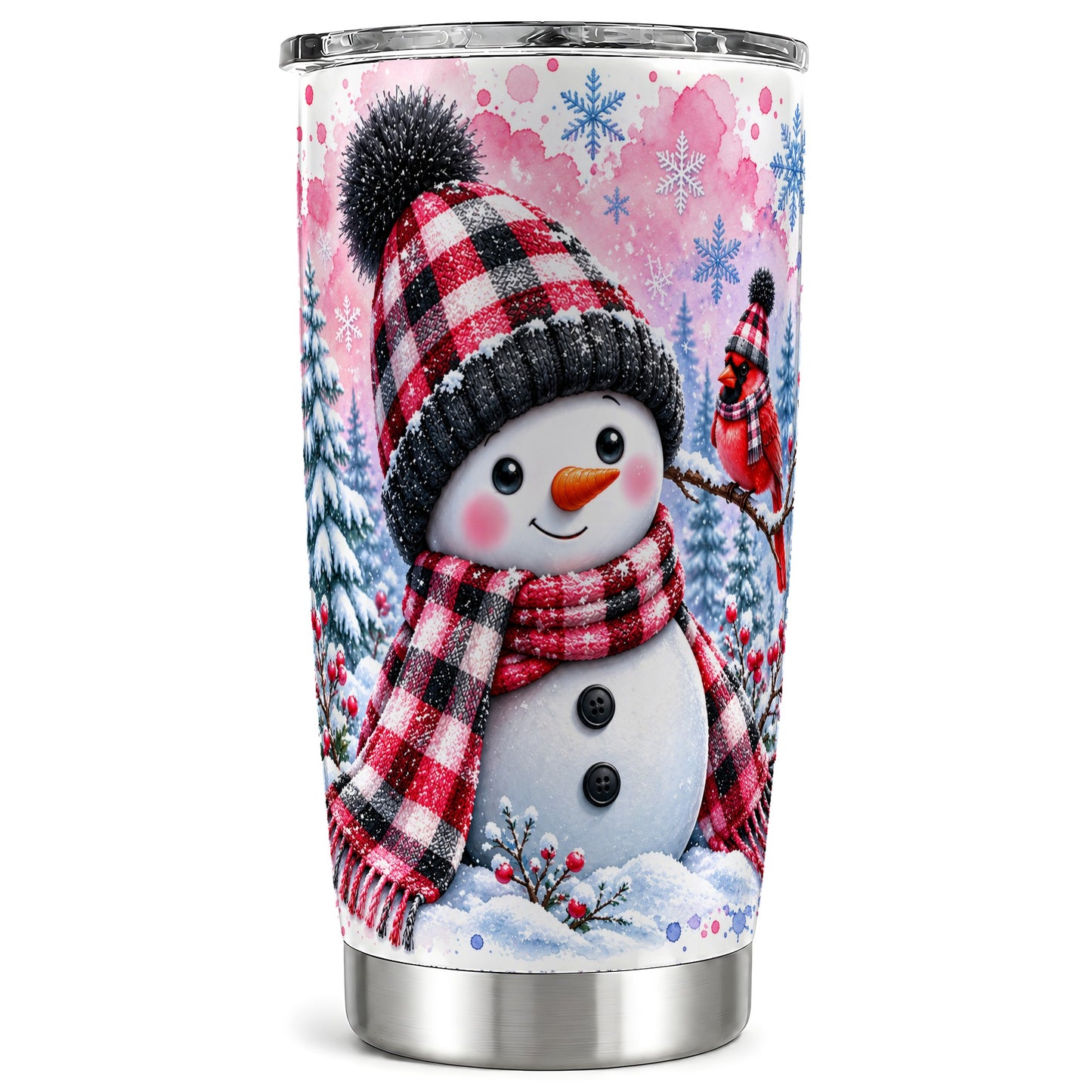 Cardinal Tumbler 20oz, Snowman Plaid Tumbler, Stainless Steel Travel Cup