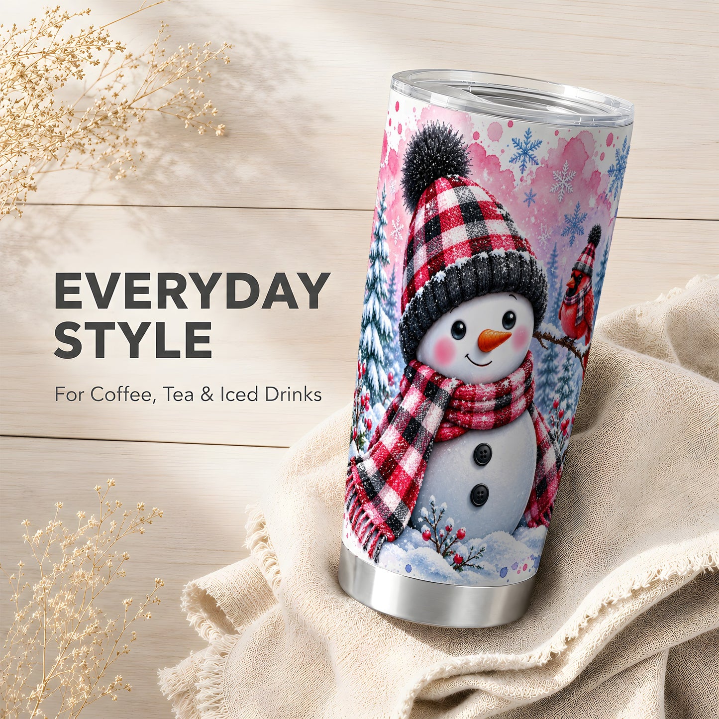 #pl[20oz|Steel] Cardinal Tumbler 20oz, Snowman Plaid Tumbler, Stainless Steel Travel Cup